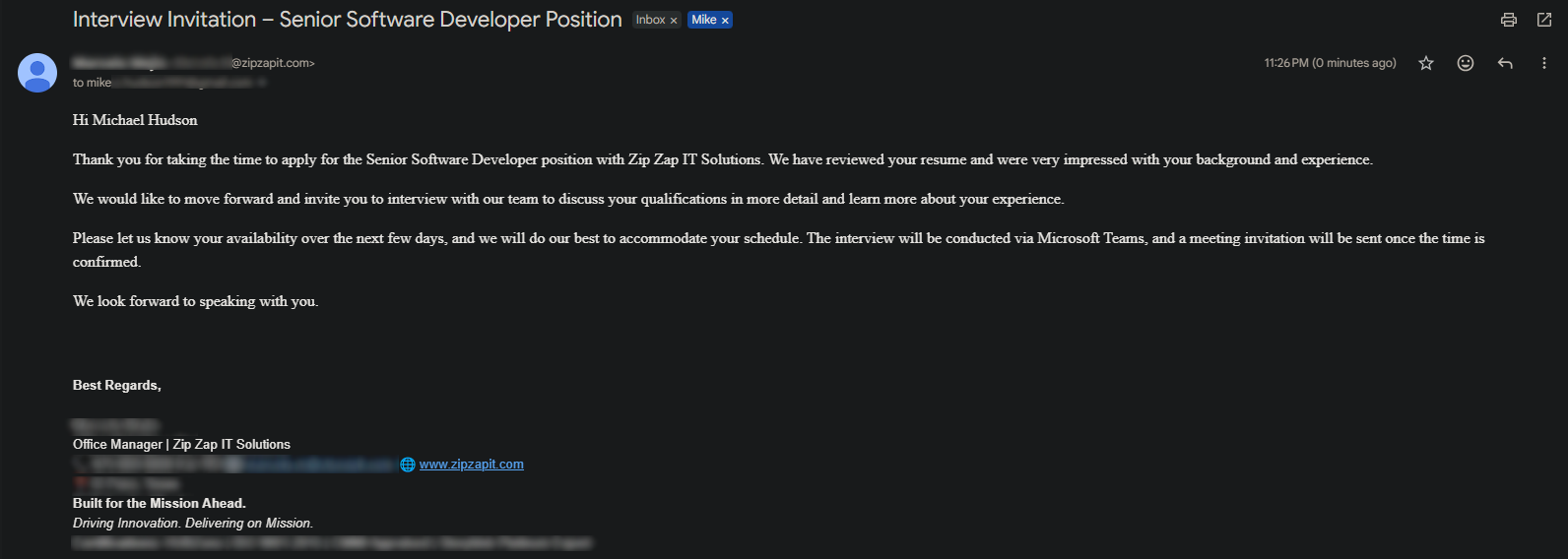 Zip Zap IT Solutions interview invitation