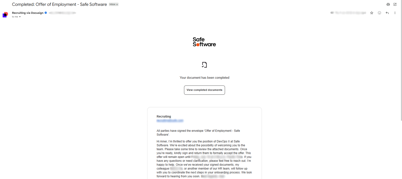 Signed offer of employment letter